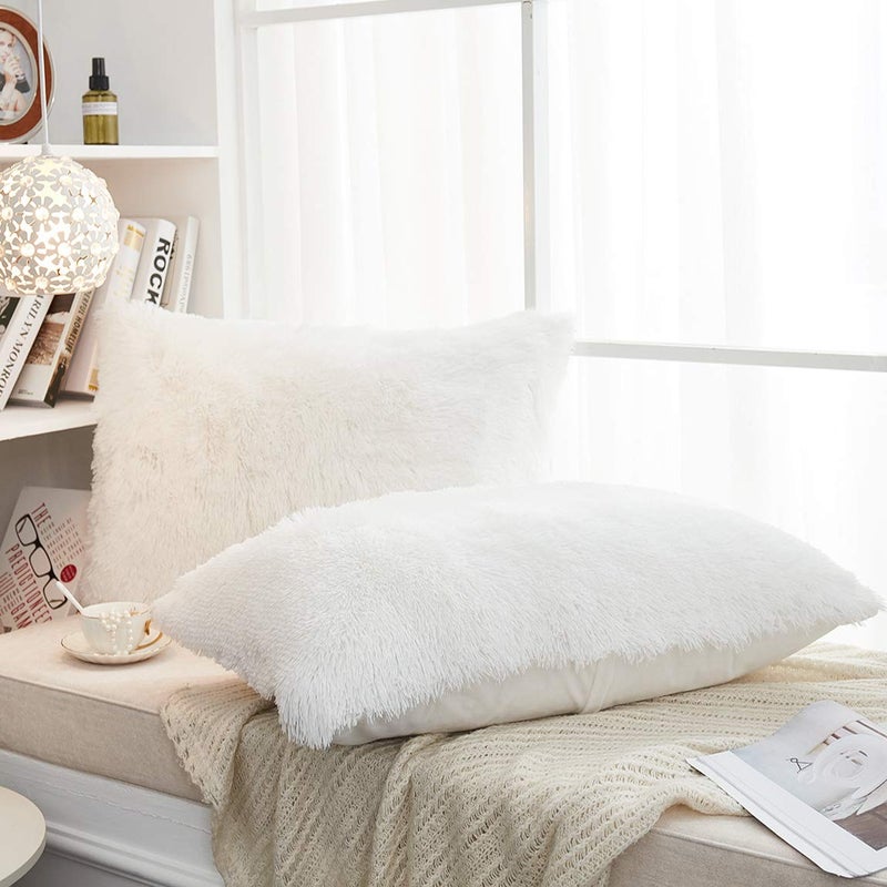 JAUXIO Long Faux Fur Soft Soild Decorative Pillowcase Oblong Fluffy Throw Pillow Cover Velvet Shaggy Plush Cushion Case Set of 2 Zipper Closure King Size (20X36 Inches White) - Image 2